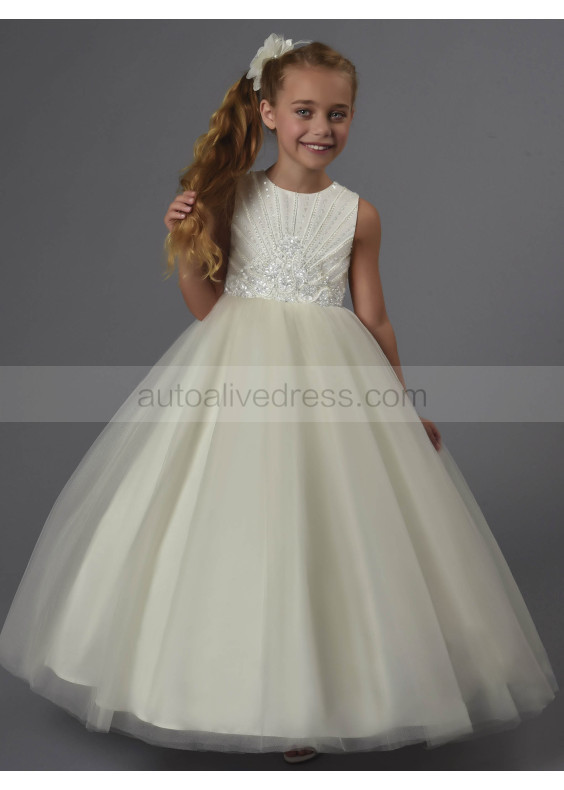 Beaded Ivory Satin Tulle Ankle Length Flower Girl Dress Communion Dress